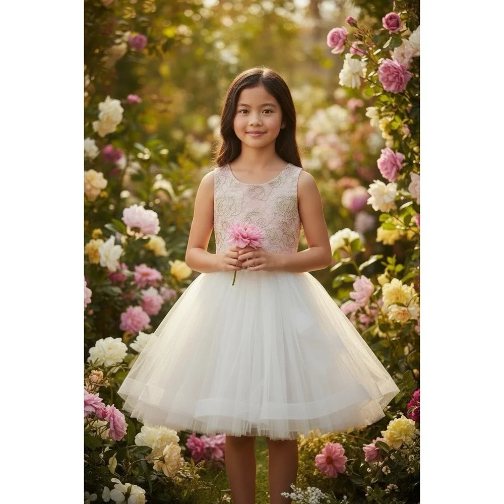 NWOT Couture Princess Girl 10 Pink Gold Flower Girl Tiered Tulle Dress‎ Wedding